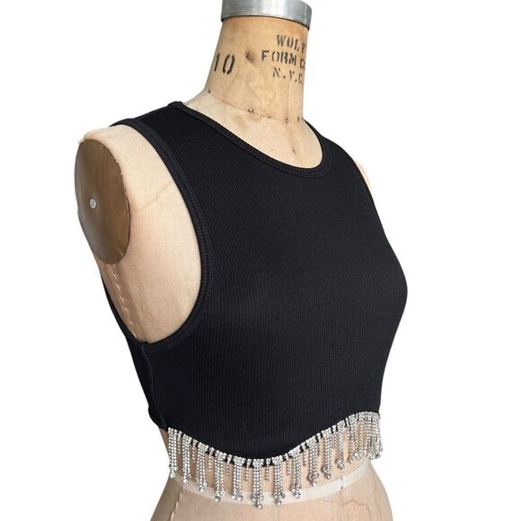 Black Ribbed Crop Top with Rhinestone Fringe Size S - Picture 2 of 4
